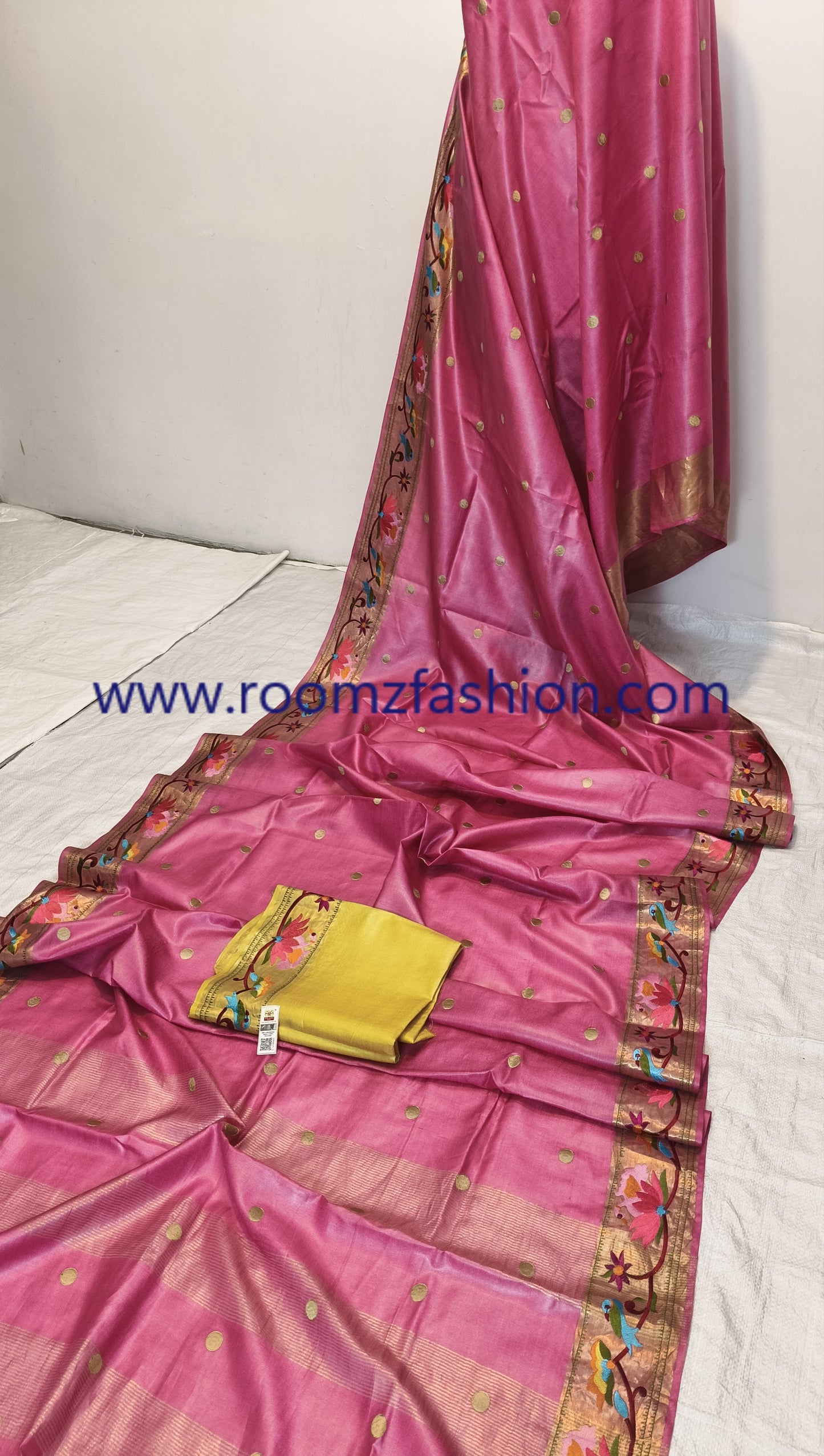 Embroidered Pink Tussar Silk Saree with tassels for wedding and festive wear