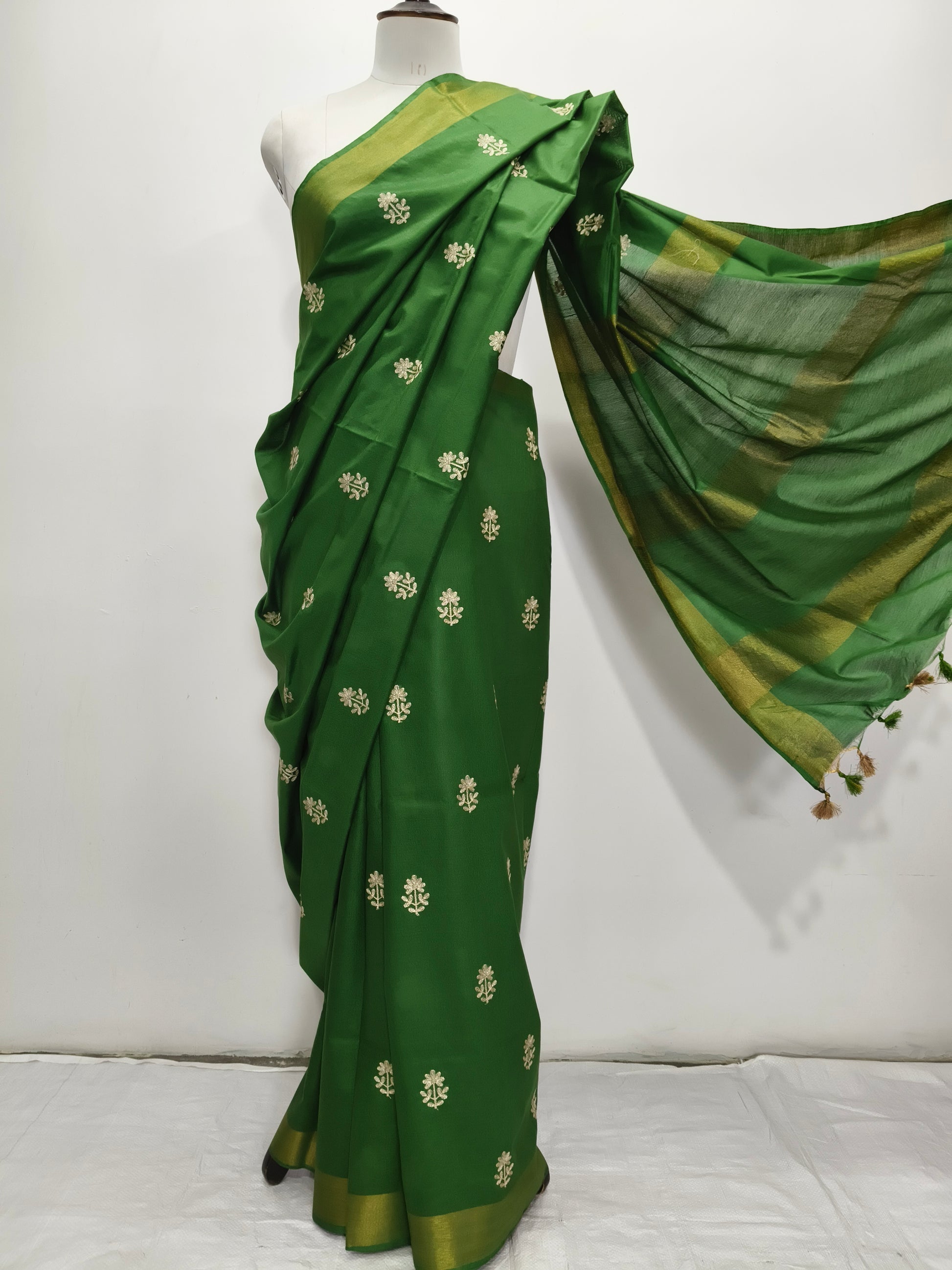 Green Kota Viscose Saree with embroidery work - Roomz Fashion