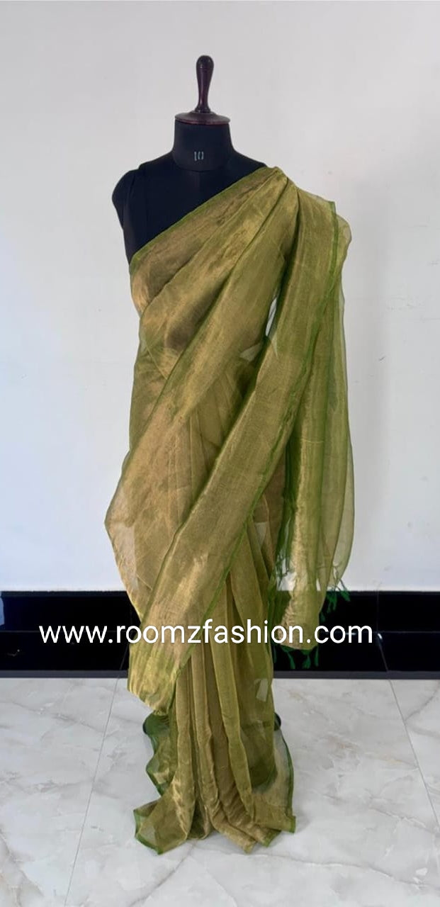 Green Tissue Silk Saree with tassel pallu by Roomz