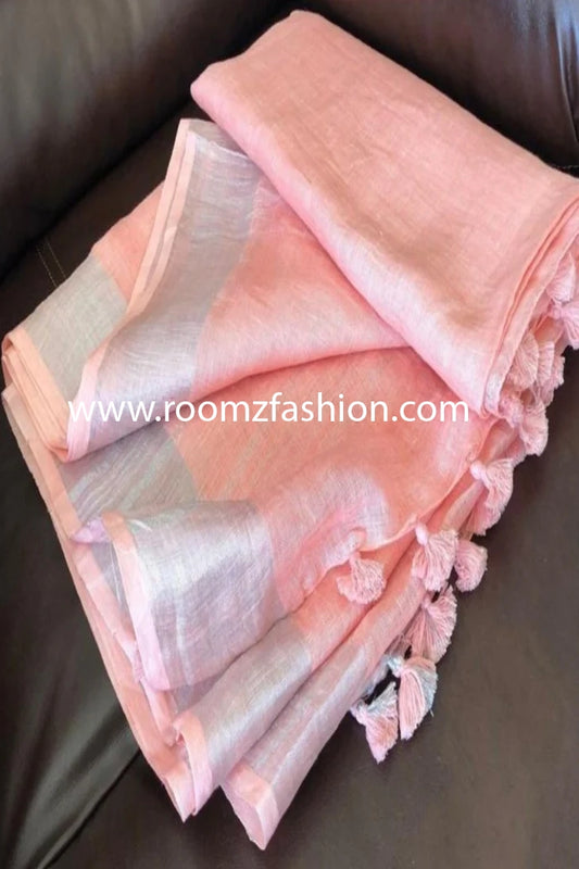 Pink linen saree with silver zari border - Roomz Ethnic Collection