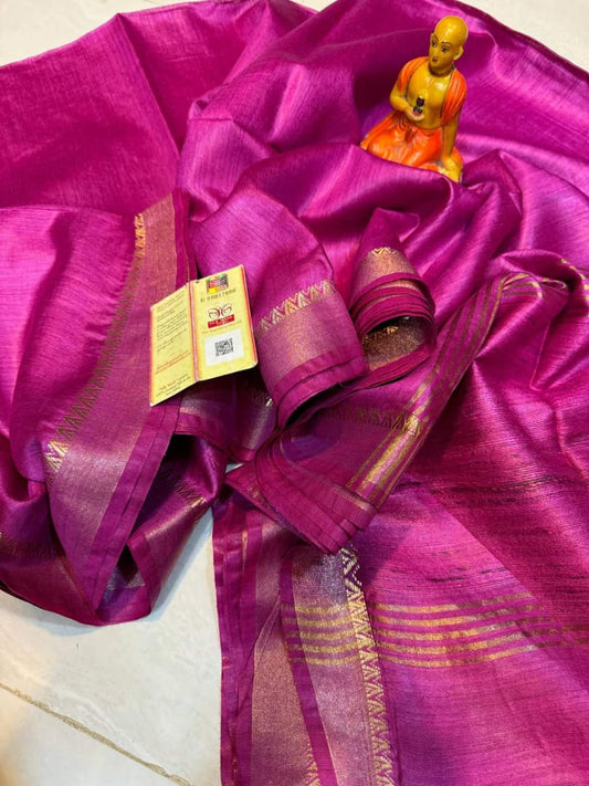 Silk Mark Certified Pink Tussar Munga Pure Silk Saree with Golden Zari Border