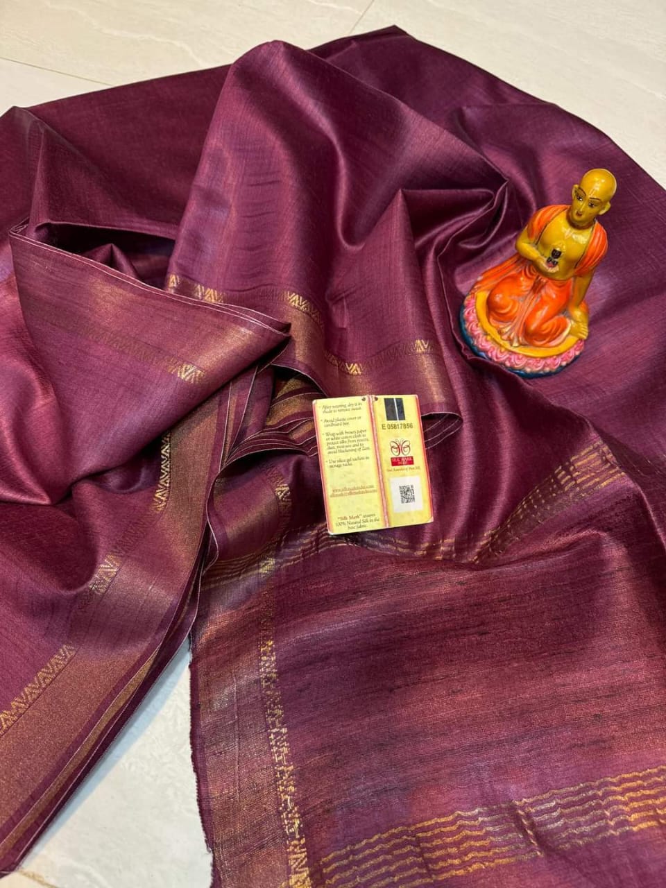 Silk Mark Certified Brown Tussar Munga Pure Silk Saree with Golden Zari Border