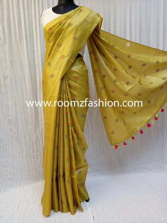 Handloom yellow Tussar silk saree with floral embroidery - Silk Mark certified - Roomz Heritage Collection