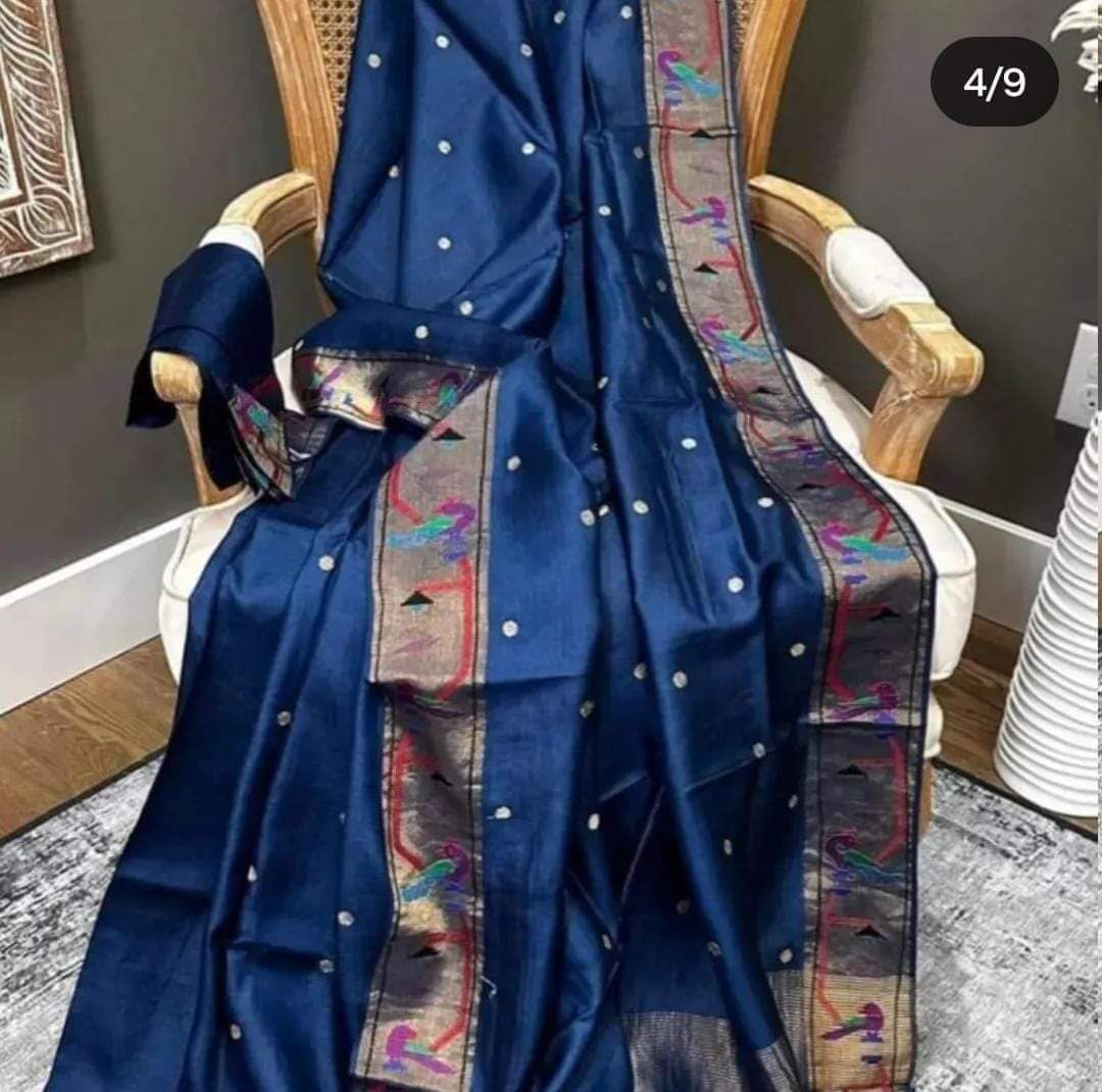 Blue Tussar silk saree with golden zari border - Silk Mark certified - Roomz Royal Collection