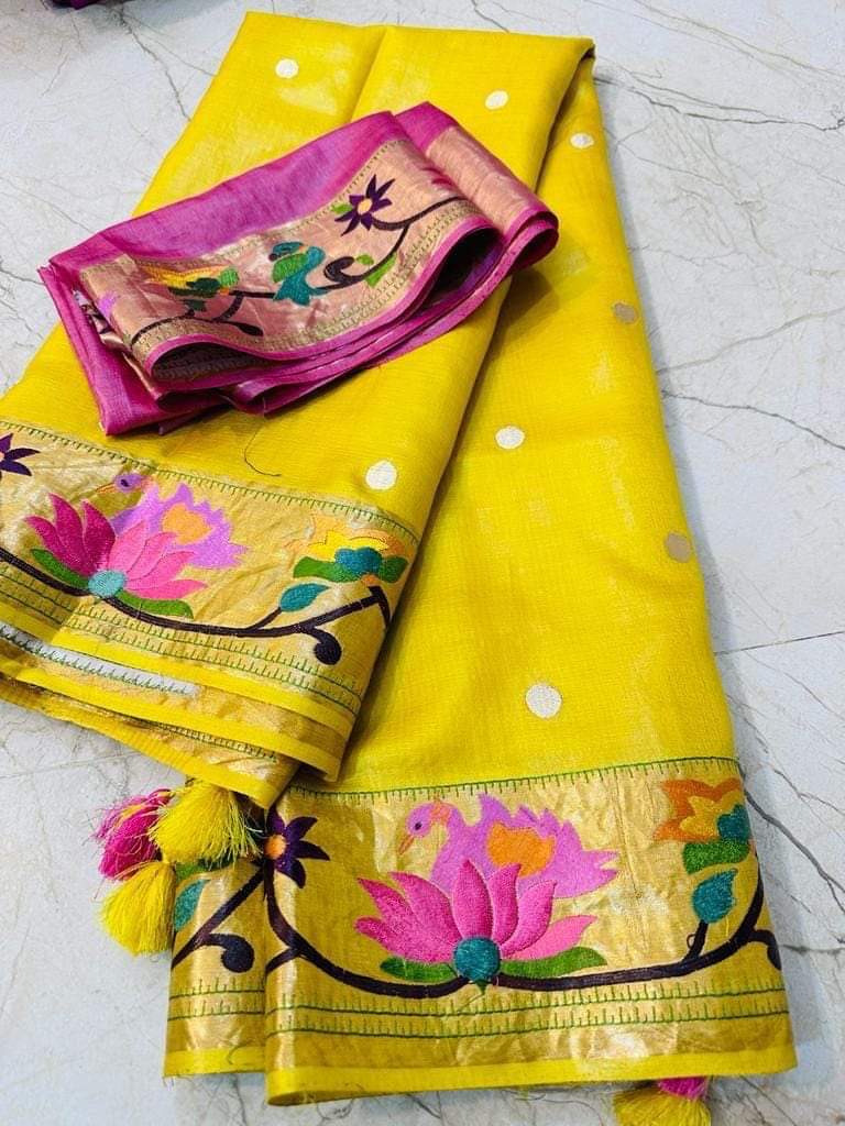 Yellow Tussar silk saree with golden zari border & pink blouse - Silk Mark certified - Roomz Festive Collection