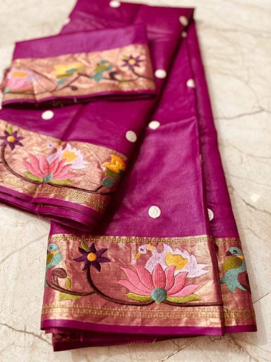 Maroon Tussar silk saree with golden zari border - Silk Mark certified - Roomz Royal Collection