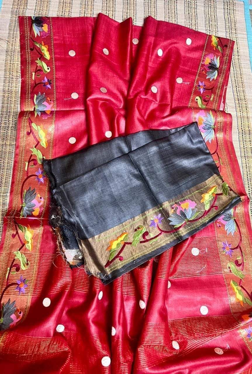 Red Tussar silk saree with golden zari border & black blouse - Silk Mark certified - Roomz Bridal Collection