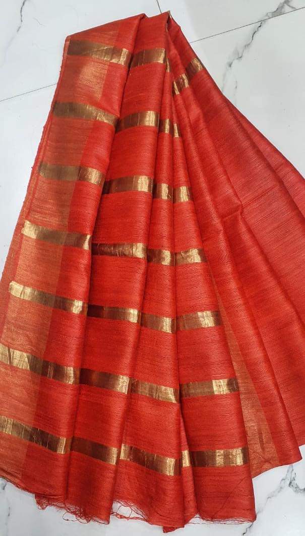 Handwoven orange Tussar Ghicha silk saree with golden zari border - Roomz