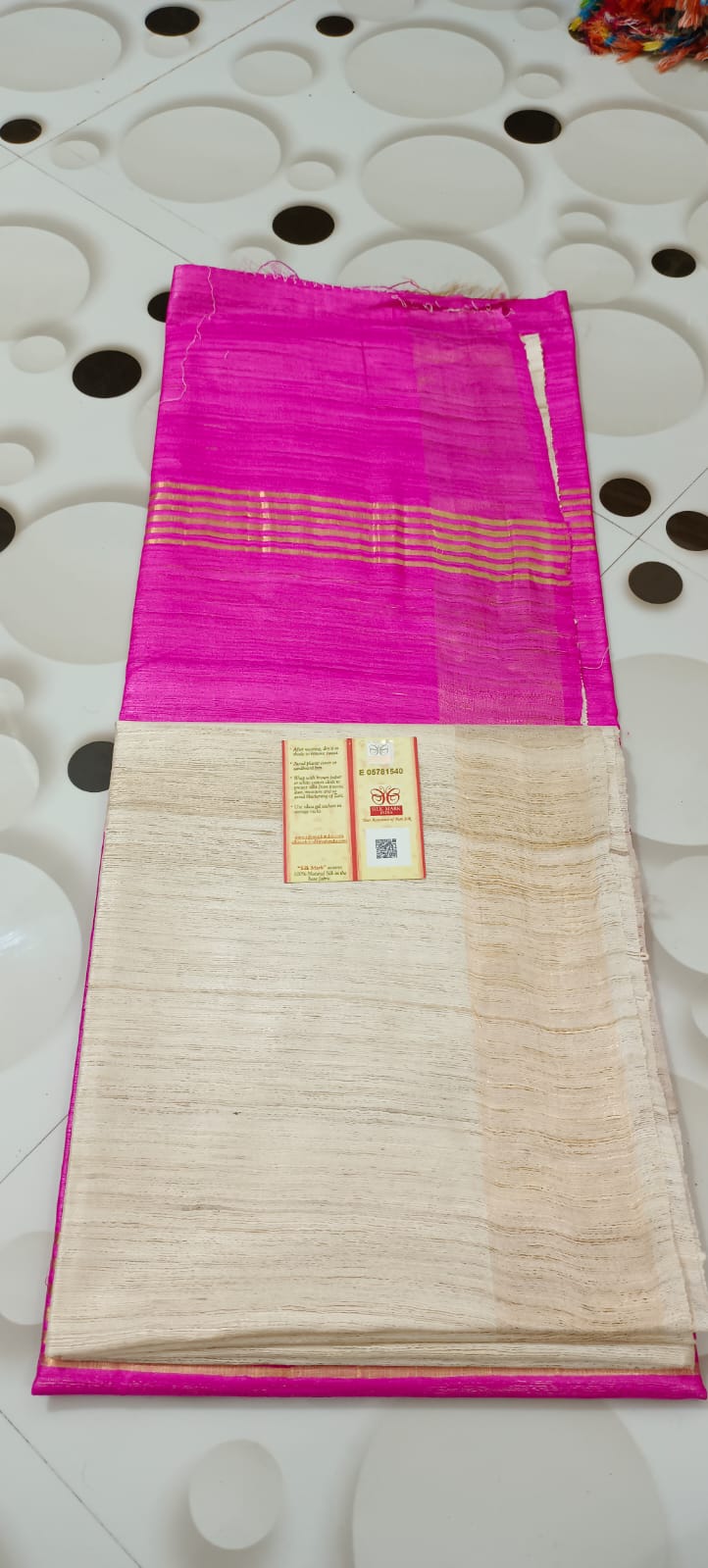 Cream Body with Pink Pallu Tussar Ghicha Silk Saree - Golden Zari Border