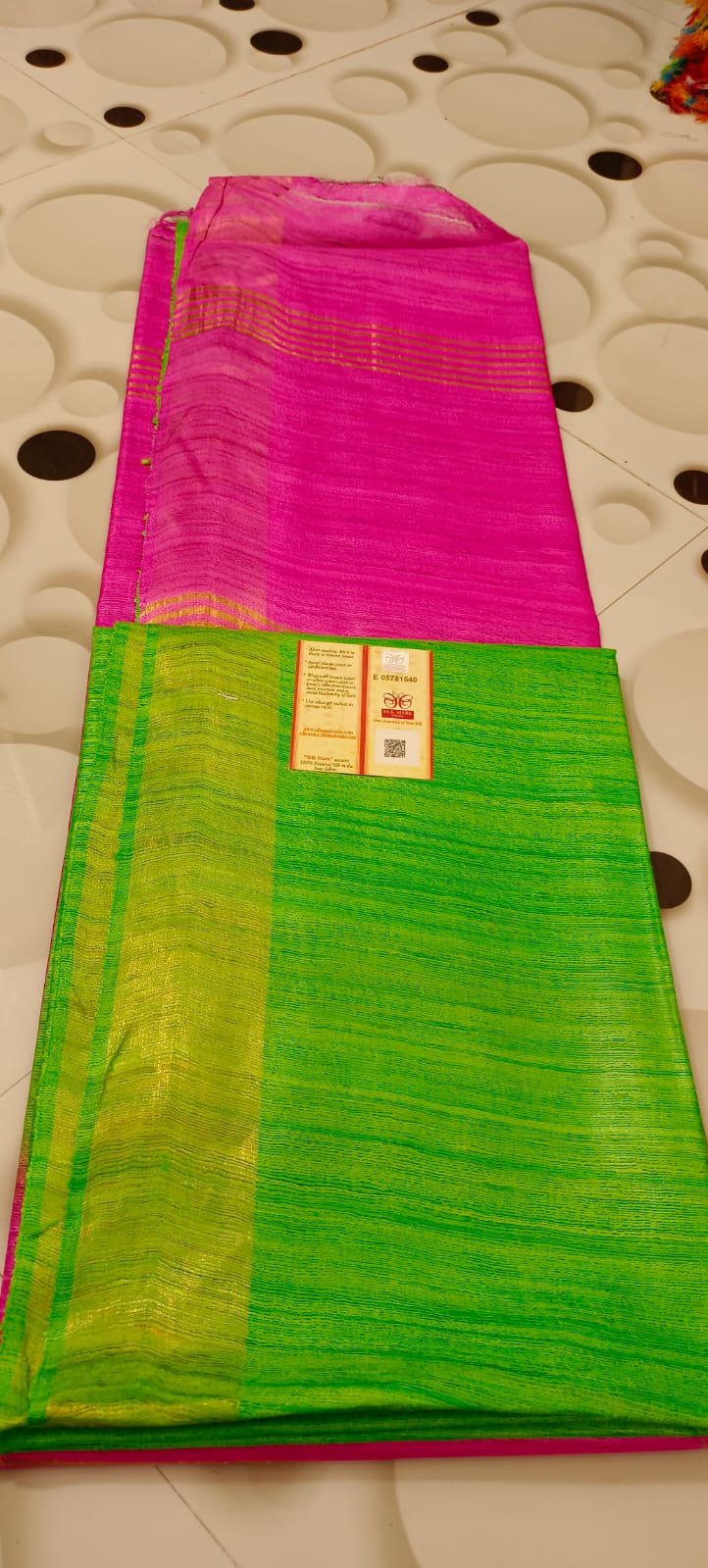 Green Body with Pink Pallu Tussar Ghicha Silk Saree - Golden Zari Border