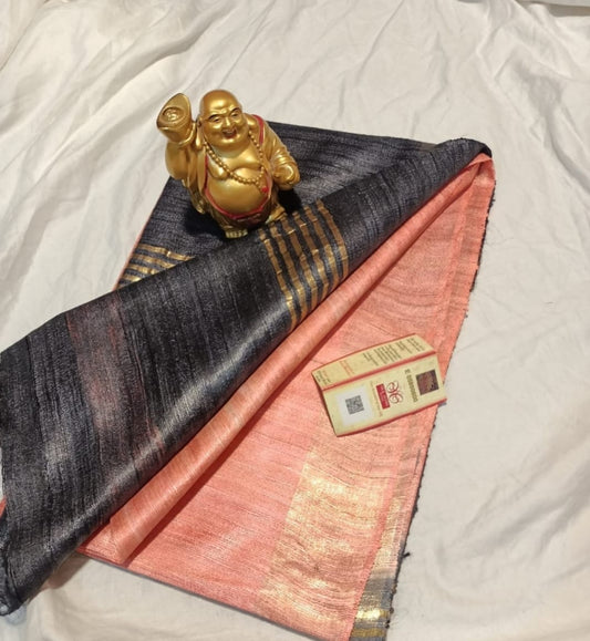 Peach Body with Black Pallu Tussar Ghicha Silk Saree - Golden Zari Border