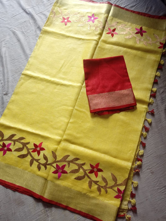 Yellow linen saree with golden zari border and red piping - Roomz Festive Collection