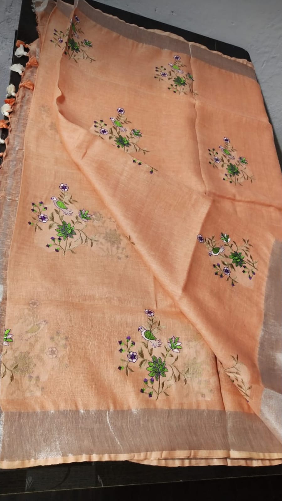 Peach linen saree with silver zari border - Roomz Bridal Collection