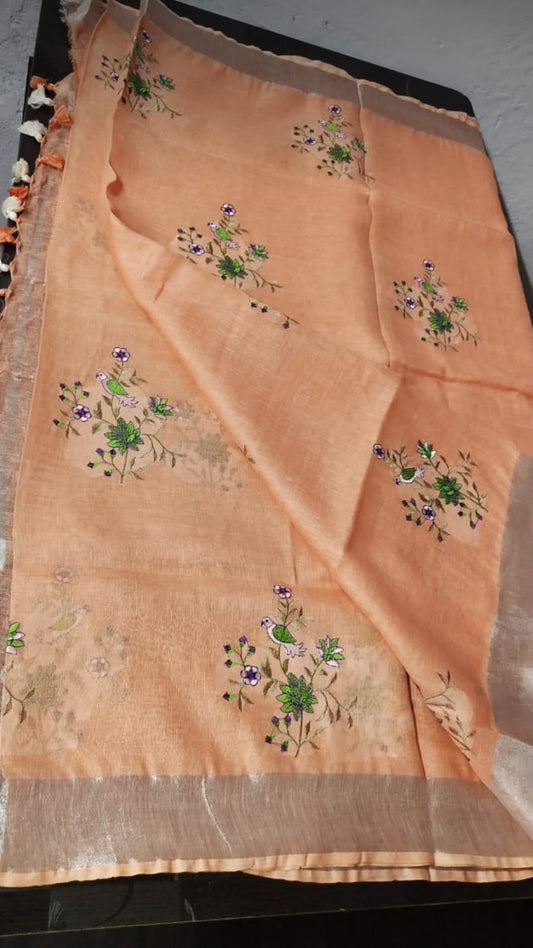Peach linen saree with silver zari border - Roomz Bridal Collection