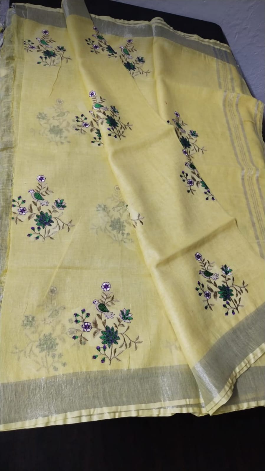 Yellow linen saree with silver zari border - Roomz Summer Collection