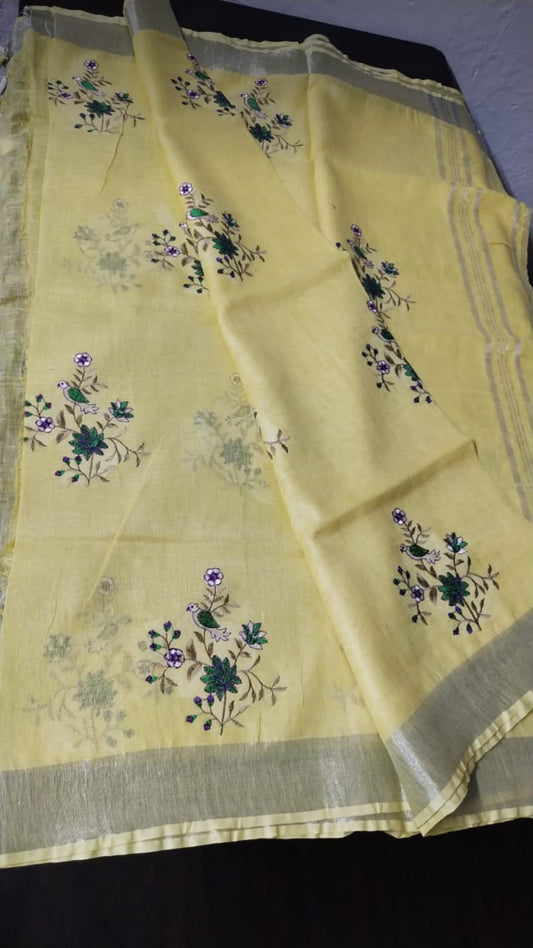 Yellow linen saree with silver zari border - Roomz Summer Collection