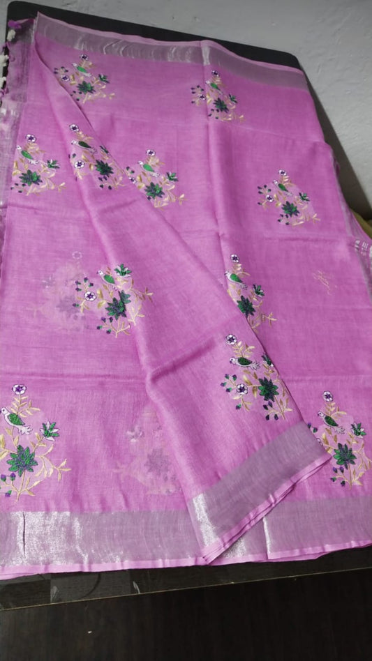 Pink linen saree with silver zari border - Roomz Bridal Collection