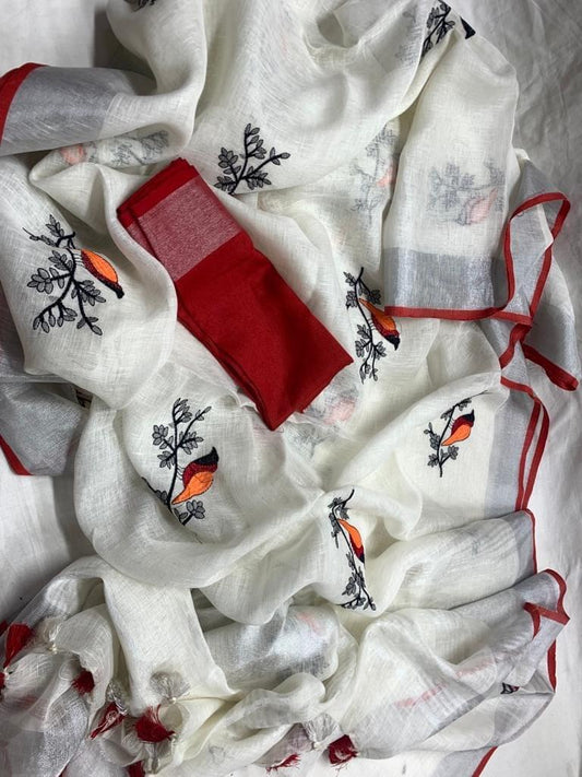 White linen saree with silver zari border and red piping - Roomz Bridal Collection