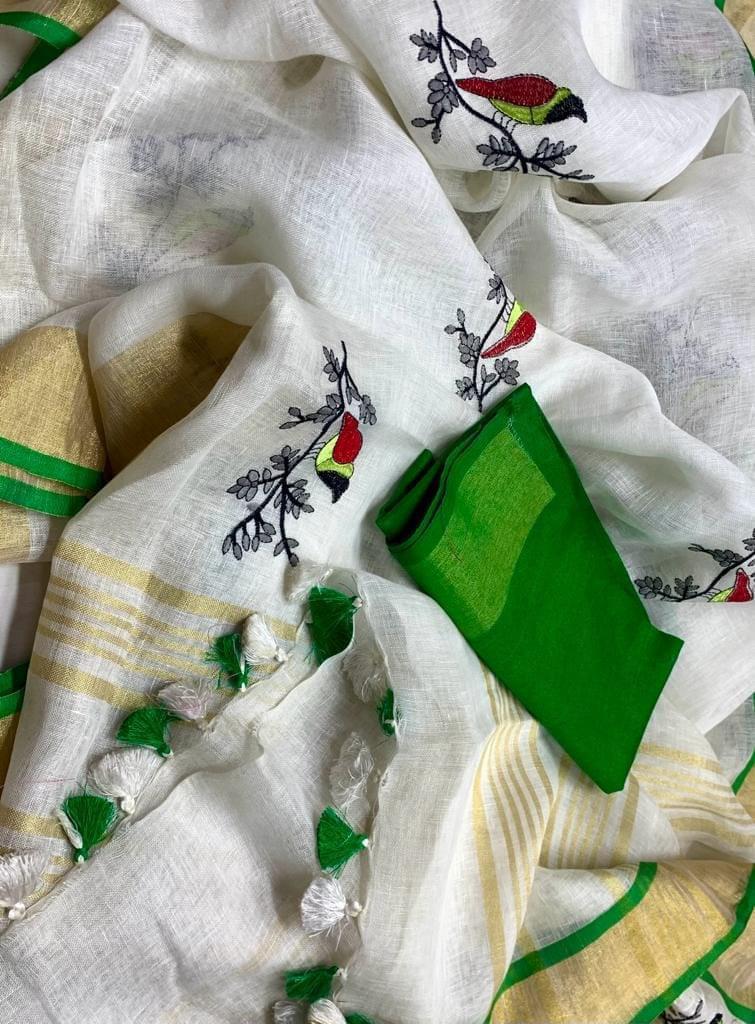 White linen saree with silver zari border and green piping - Roomz Nature Collection