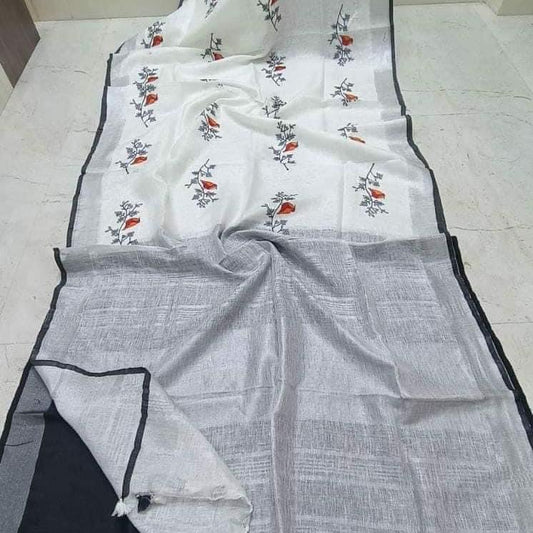 White linen saree with silver zari border and black piping - Roomz Modern Bridal Collection"