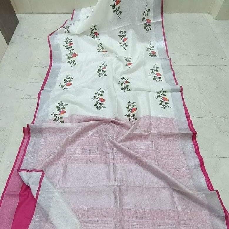 White linen saree with silver zari border and pink piping - Roomz Bridal Collection