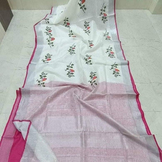 White linen saree with silver zari border and pink piping - Roomz Bridal Collection