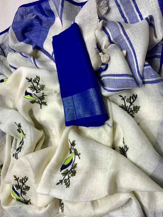 White linen saree with silver zari border and blue piping - Roomz Bridal Collection