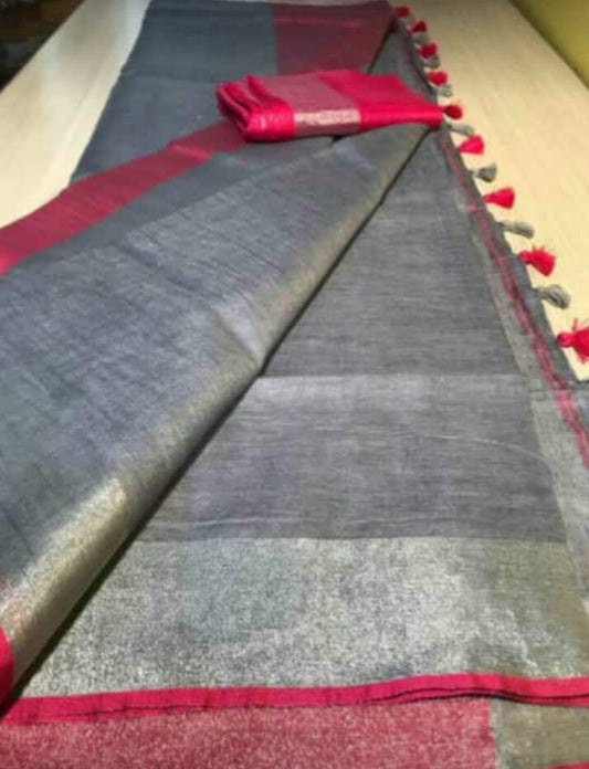 Gray linen saree with silver zari border and pink piping - Roomz Contemporary Collection