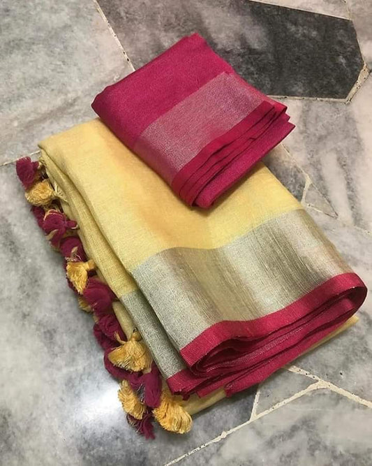 Yellow linen saree with silver zari border and pink piping - Roomz Festive Collection