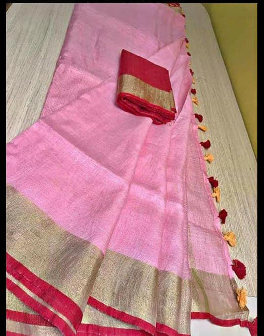Pink linen saree with golden zari border and red piping - Roomz Festive Collection
