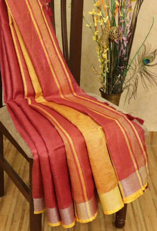 Orange linen saree with silver zari border and yellow piping - Roomz Festive Collection
