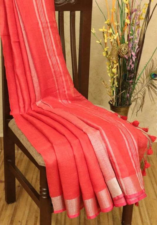 Pink linen saree with silver zari border - Roomz Bridal Collection