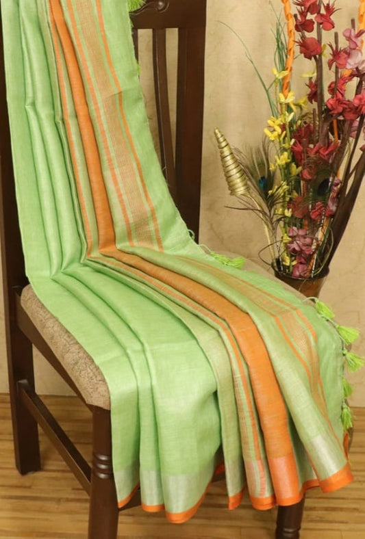 Parrot green linen saree with silver zari border - Roomz Festive Collection