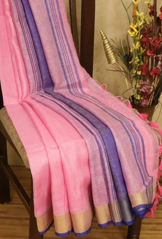 Pink linen saree with silver zari border and blue piping - Roomz Festive Collection