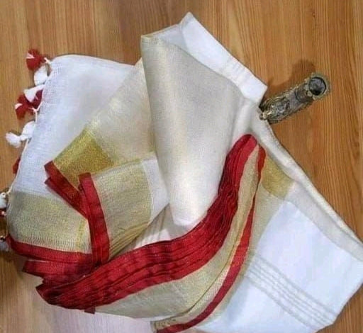 White linen saree with golden zari border and red piping - Roomz Bridal Collection