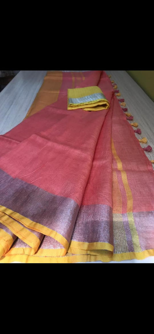 Orange linen saree with silver zari border and yellow piping - Roomz Festive Collection