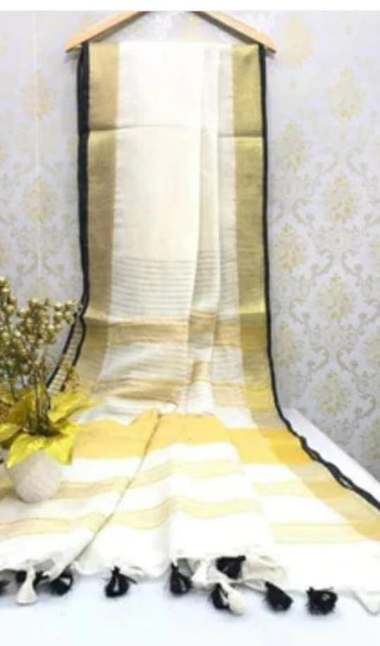 White linen saree with golden zari border and black piping - Roomz Luxury Collection