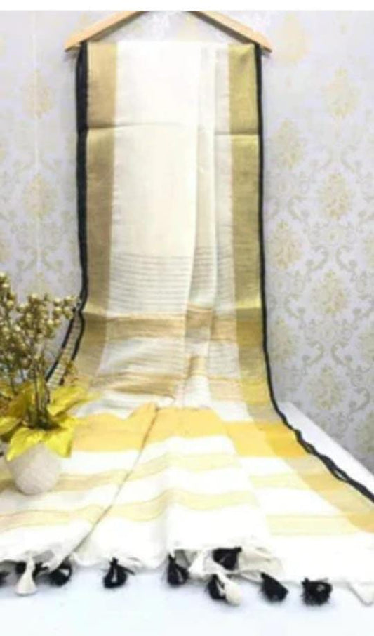 White linen saree with golden zari border and black piping - Roomz Luxury Collection