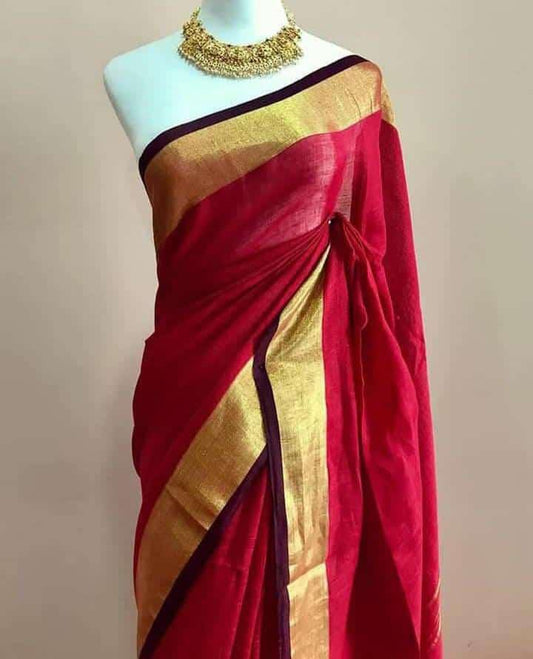 Red linen saree with golden zari border - Roomz Festive Collection