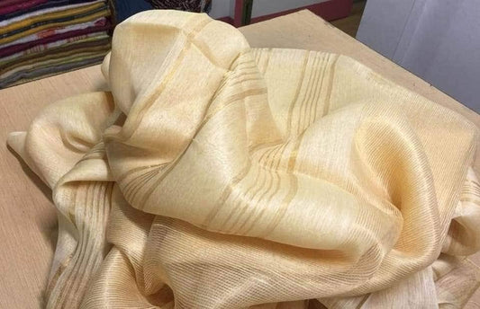 Off-white silk linen saree with golden zari border draped elegantly