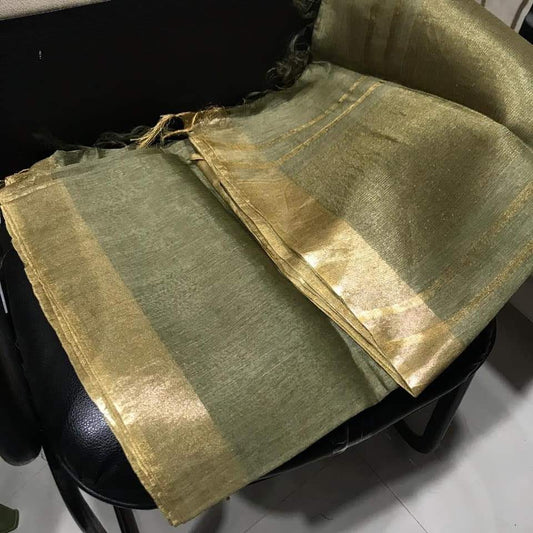 "Full length deep green saree with golden zari work for weddings, parties and evening events"