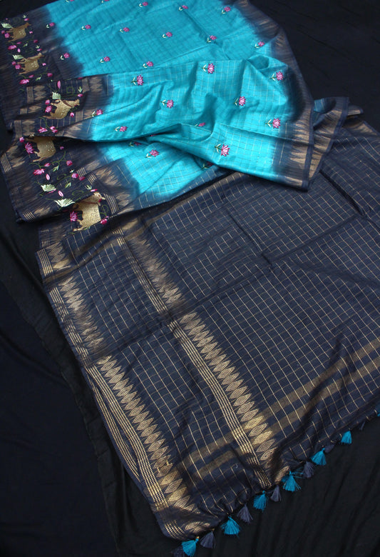 Turquoise and gray silk saree with golden zari border - Contemporary Ethnic Collection