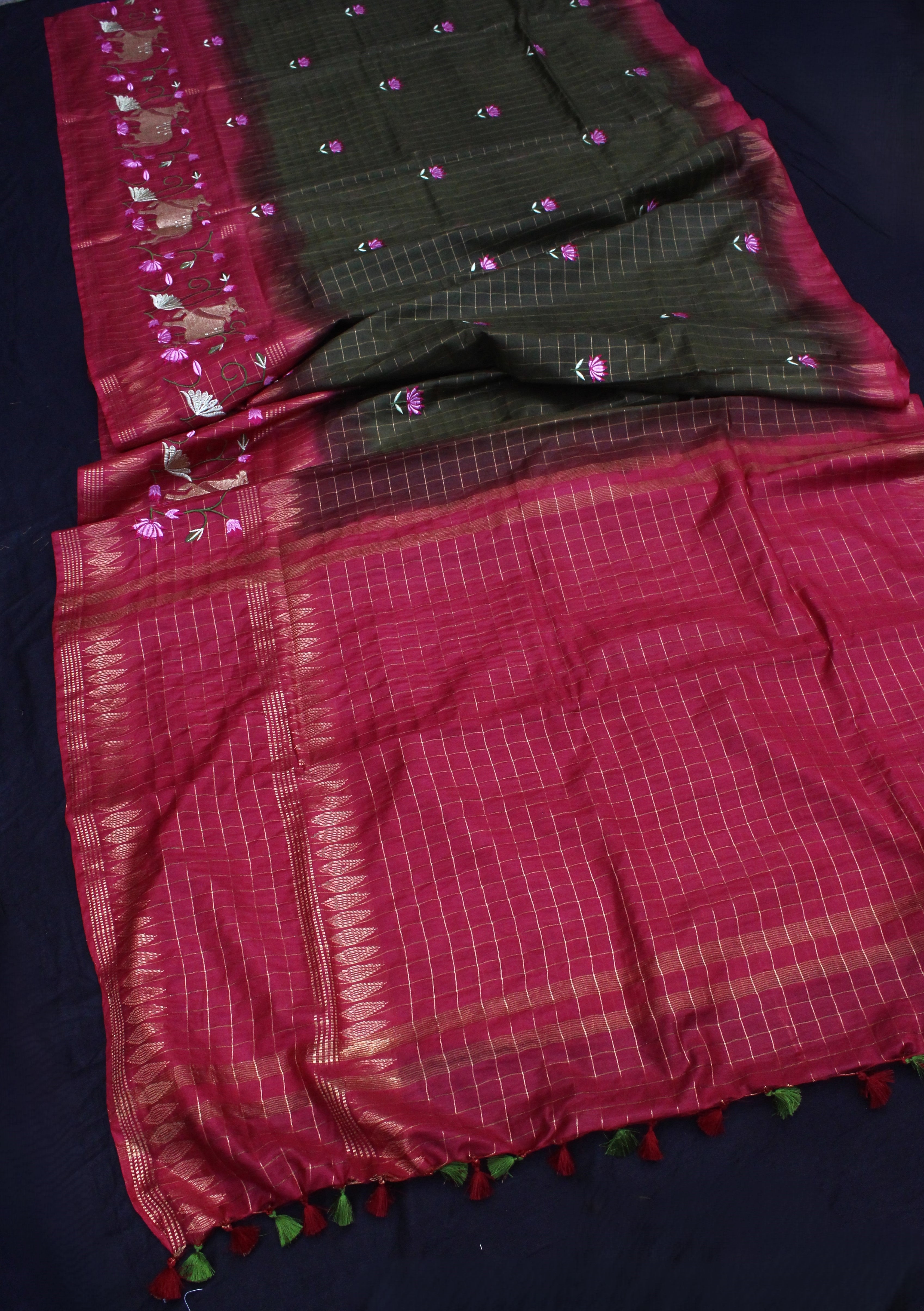 Load video: Embroidery work soft silk saree in pink and green double colors - Watch YouTube video for detailed styling and close-up of zari embroidery designs&quot;