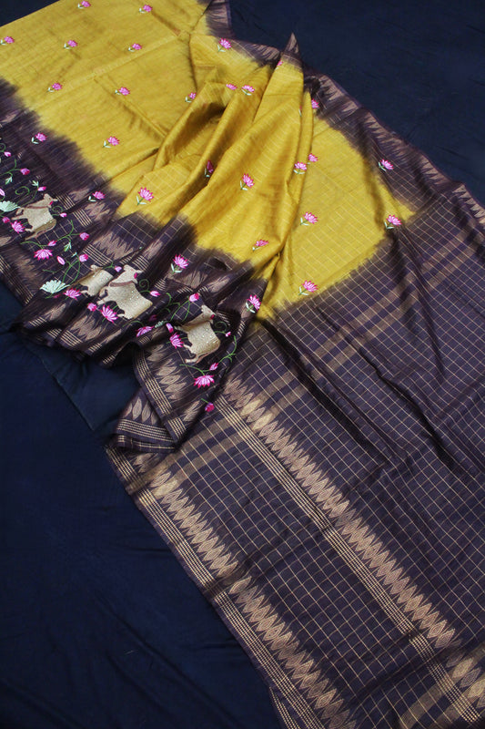 Yellow and brown silk saree with golden zari border - Earthy Elegance Collection