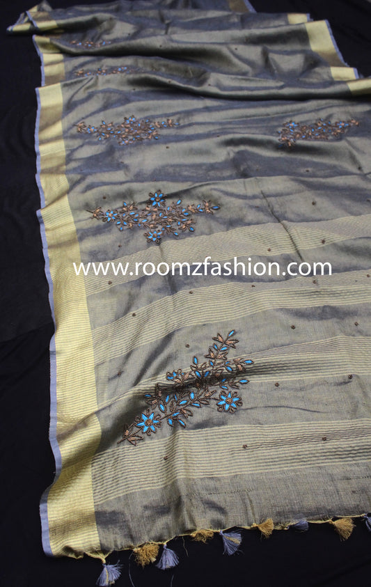 Gray tissue linen saree with golden zari border - Modern Ethnic Collection