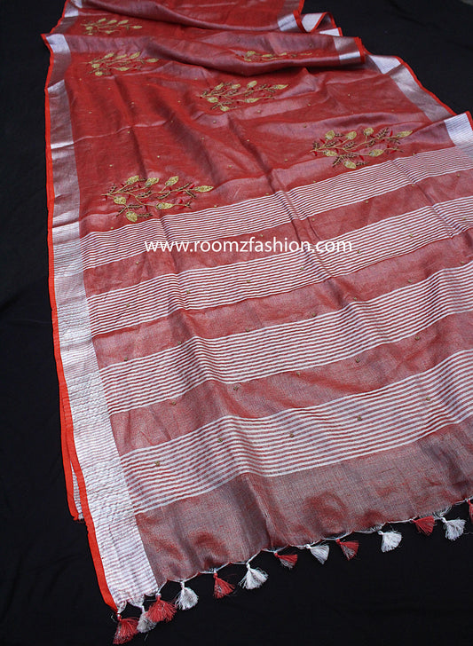 Orange tissue linen saree with silver zari border - Roomz