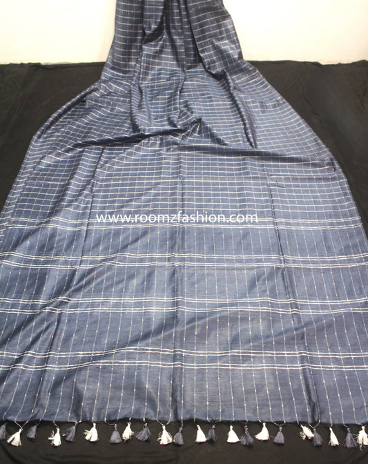 Gray Check Weave Kota Viscose Saree with Running Blouse Piece