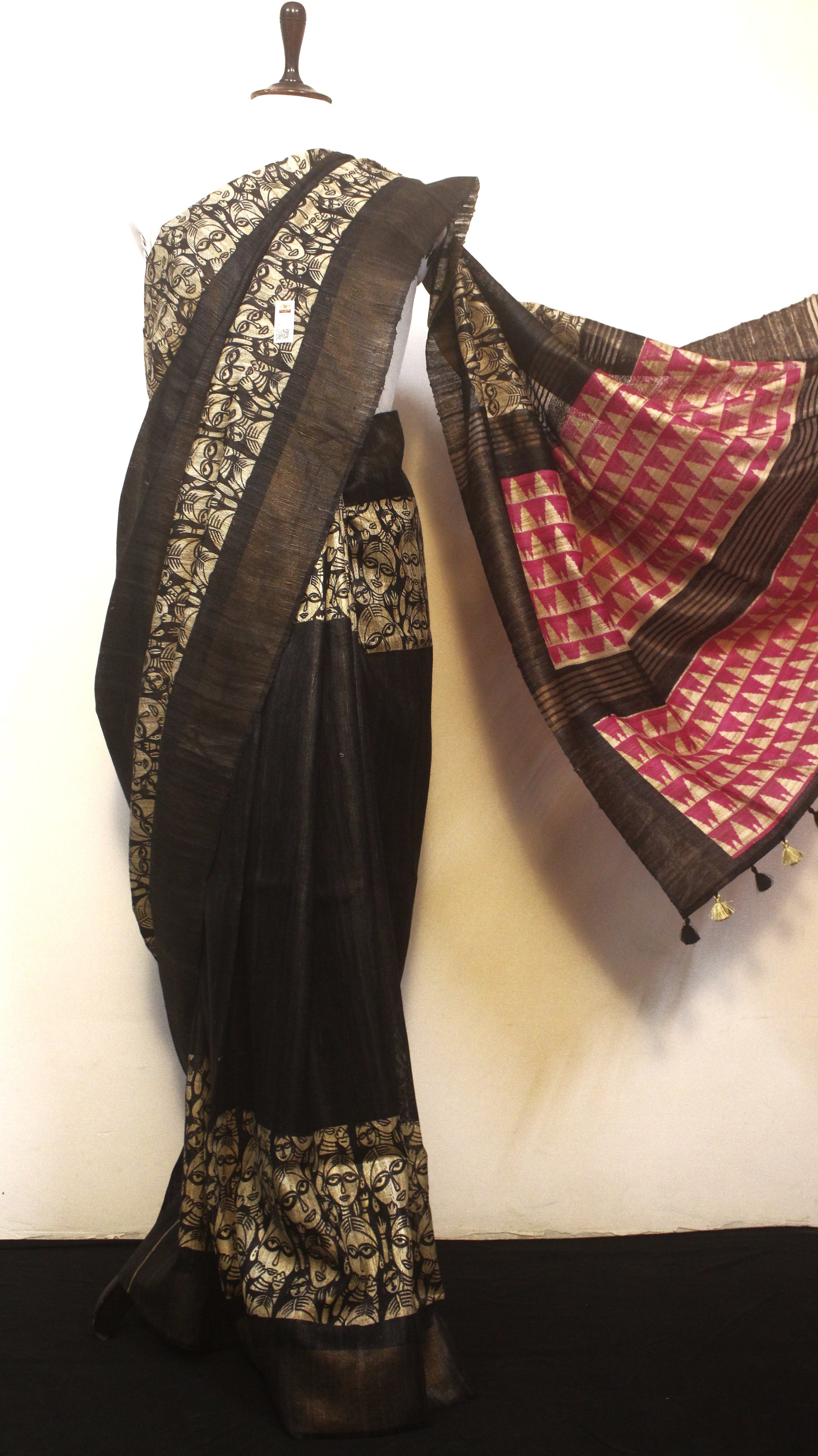 "Black-off white Madhubani print Tussar silk saree with golden zari border - Roomz Fashion"