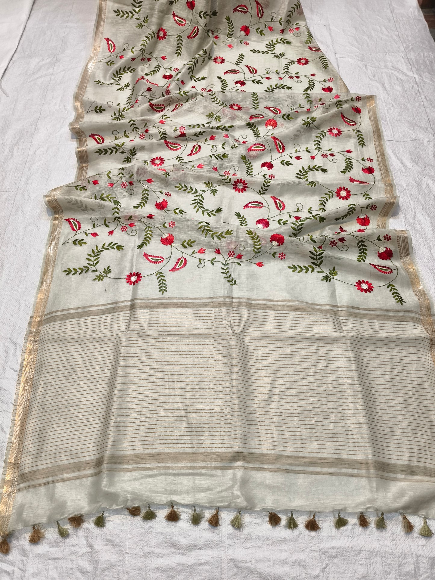 Light Green Silk Linen Saree with embroidery work - Roomz Fashion