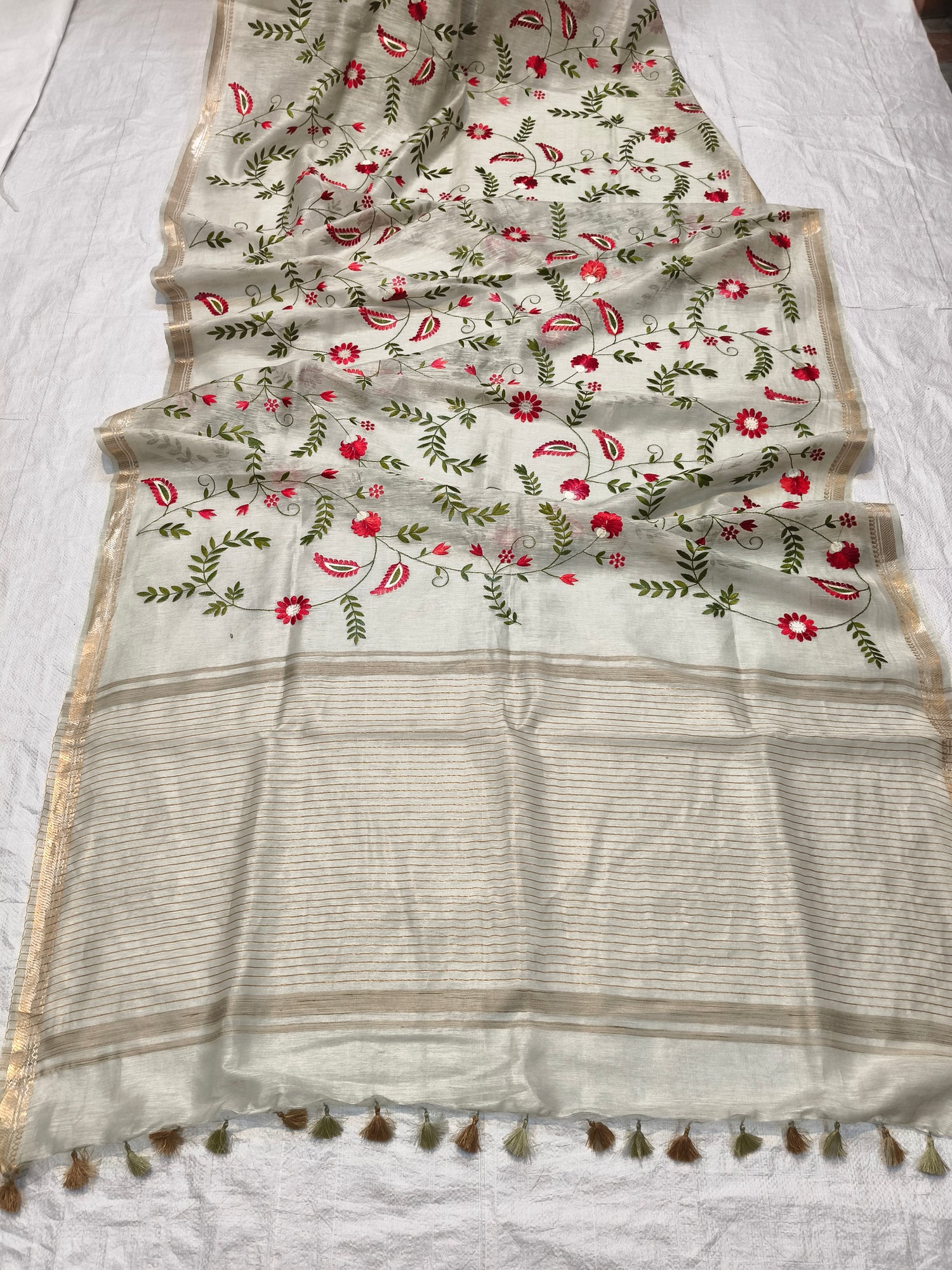 Light Green Silk Linen Saree with embroidery work - Roomz Fashion